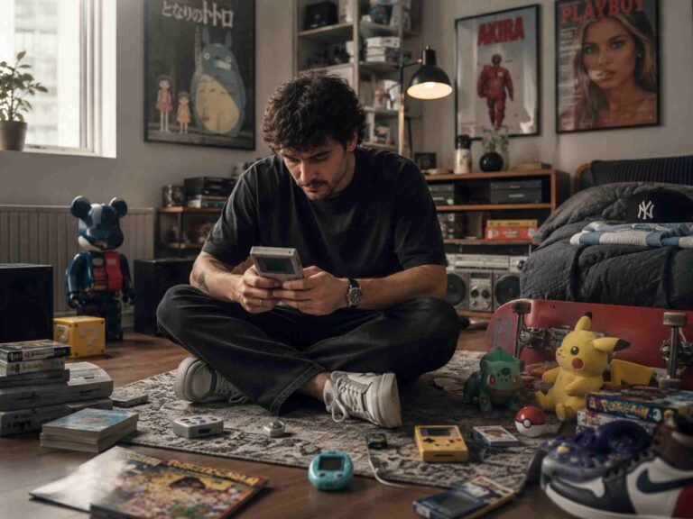 ragazzo adulto che gioca con gameboy ed è circondato da altri giochi anni 90