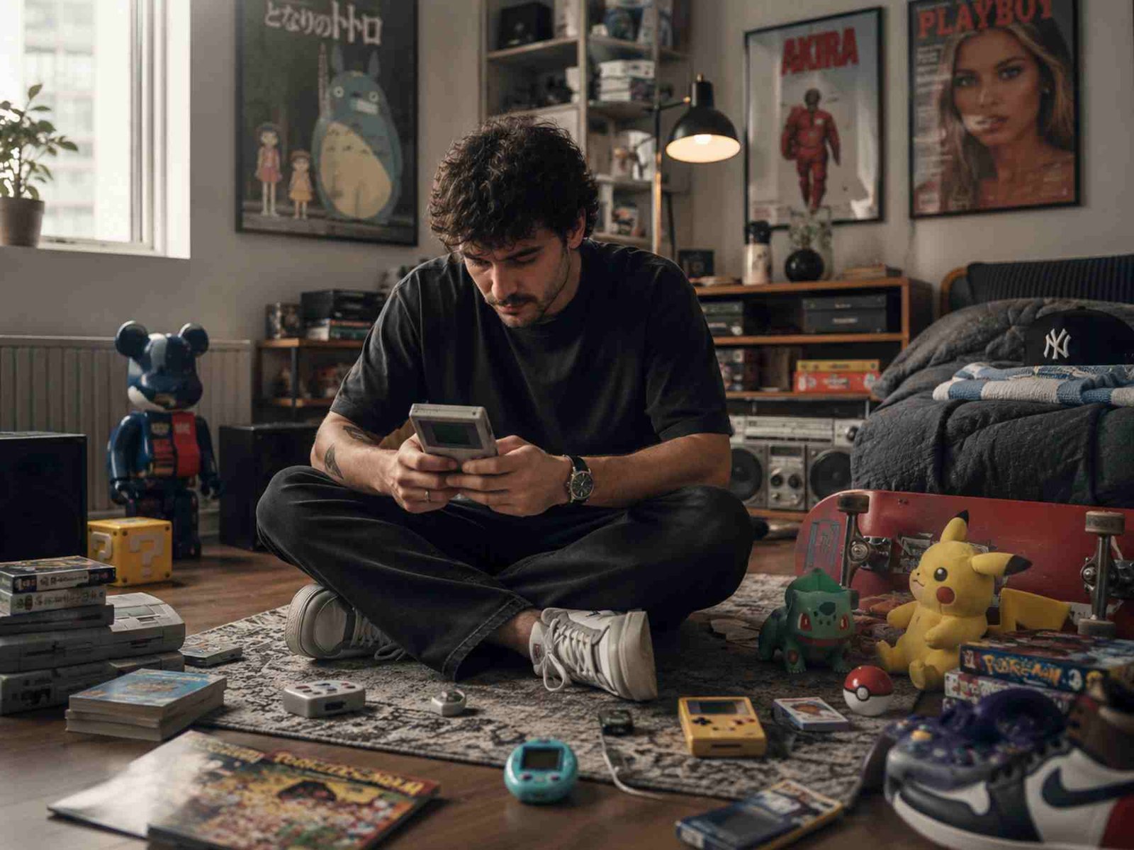 ragazzo adulto che gioca con gameboy ed è circondato da altri giochi anni 90