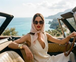 una modella in una decappottabile mentre indossa un fazzoletto babushka annodato sotto il mento e un paio di occhiali da sole tondi fumé