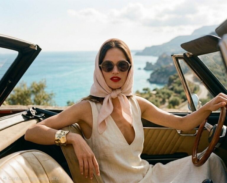 una modella in una decappottabile mentre indossa un fazzoletto babushka annodato sotto il mento e un paio di occhiali da sole tondi fumé