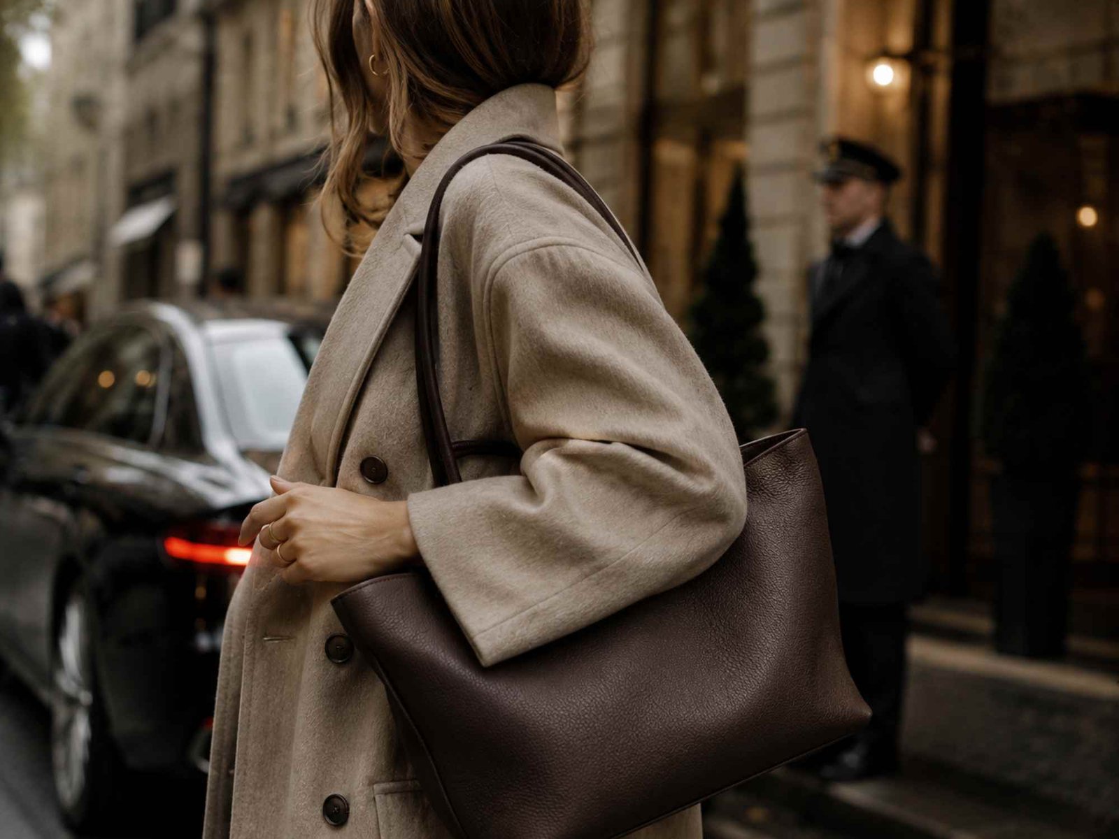 una donna tiene al braccio una borsa grande marrone scuro cioccolato e indossa un trench color beige