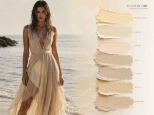 modella al mare con abito morbido in seta e palette colori del burro