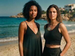 due modelle in riva al mare indossano abito in viscosa nero oversize e bralette nera in pizzo