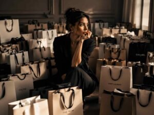 una donna guarda verso una finestra ed è circondata da buste di the row e saint laurent