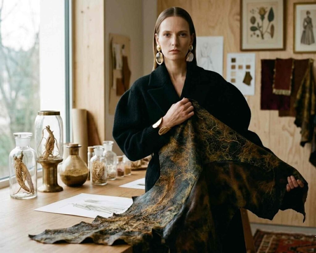 una modella guarda l'obiettivo vestita di haute couture e tiene in mano un tessuto vegano