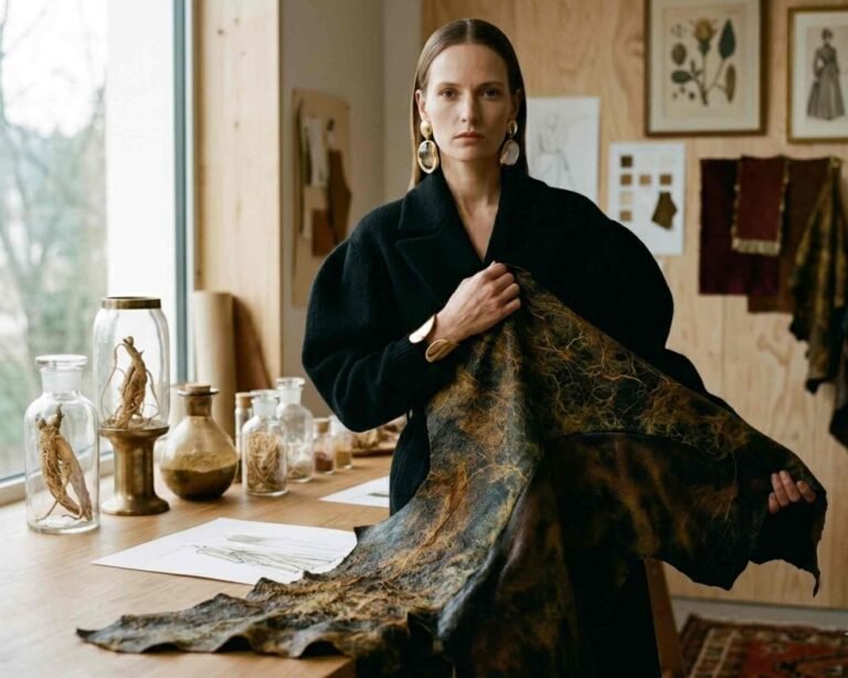 una modella guarda l'obiettivo vestita di haute couture e tiene in mano un tessuto vegano