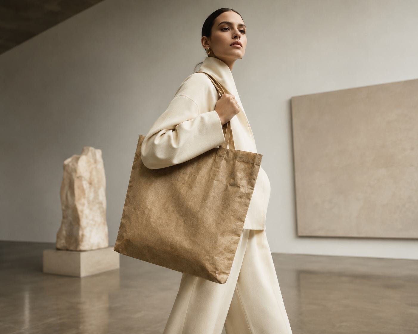 una modella con cappotto elegante e pantalone largo in un museo mentre indossa una tote bag da supermercato