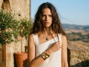 Una modella indossa un abito bianco in lino estivo con scollo asimmetrico, piega capelli naturale e morbida