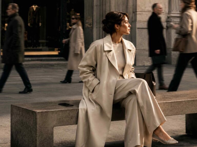 una donna con un trench primaverile color sabbia e pantaloni palazzo seduta su una panchina con un cellulare accanto