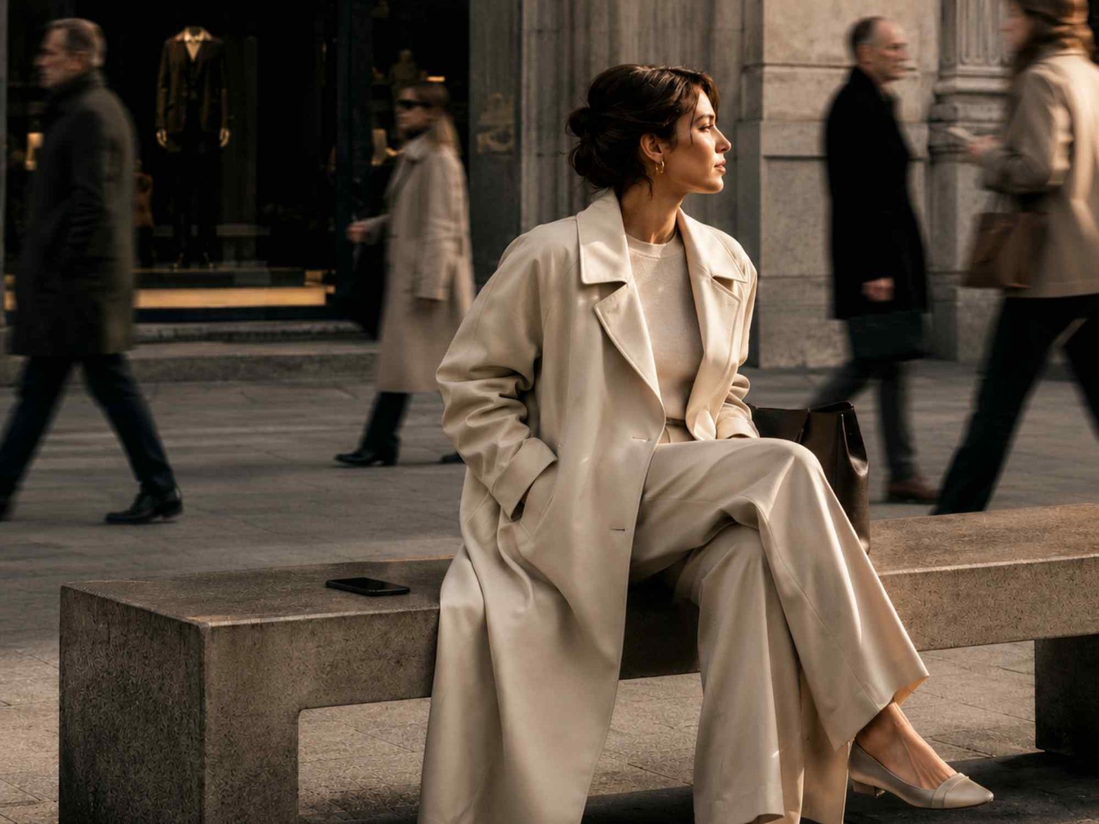 una donna con un trench primaverile color sabbia e pantaloni palazzo seduta su una panchina con un cellulare accanto