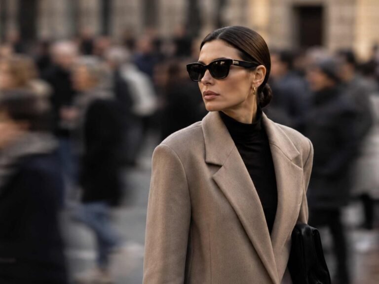 Una donna con un cappotto cammello, maglione nero e occhiali da Sole in mezzo alla folla