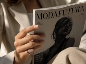 una donna tiene in mano una rivista di moda e ha mani con unghie naturali senza smalto, refill o ricostruzione in gel