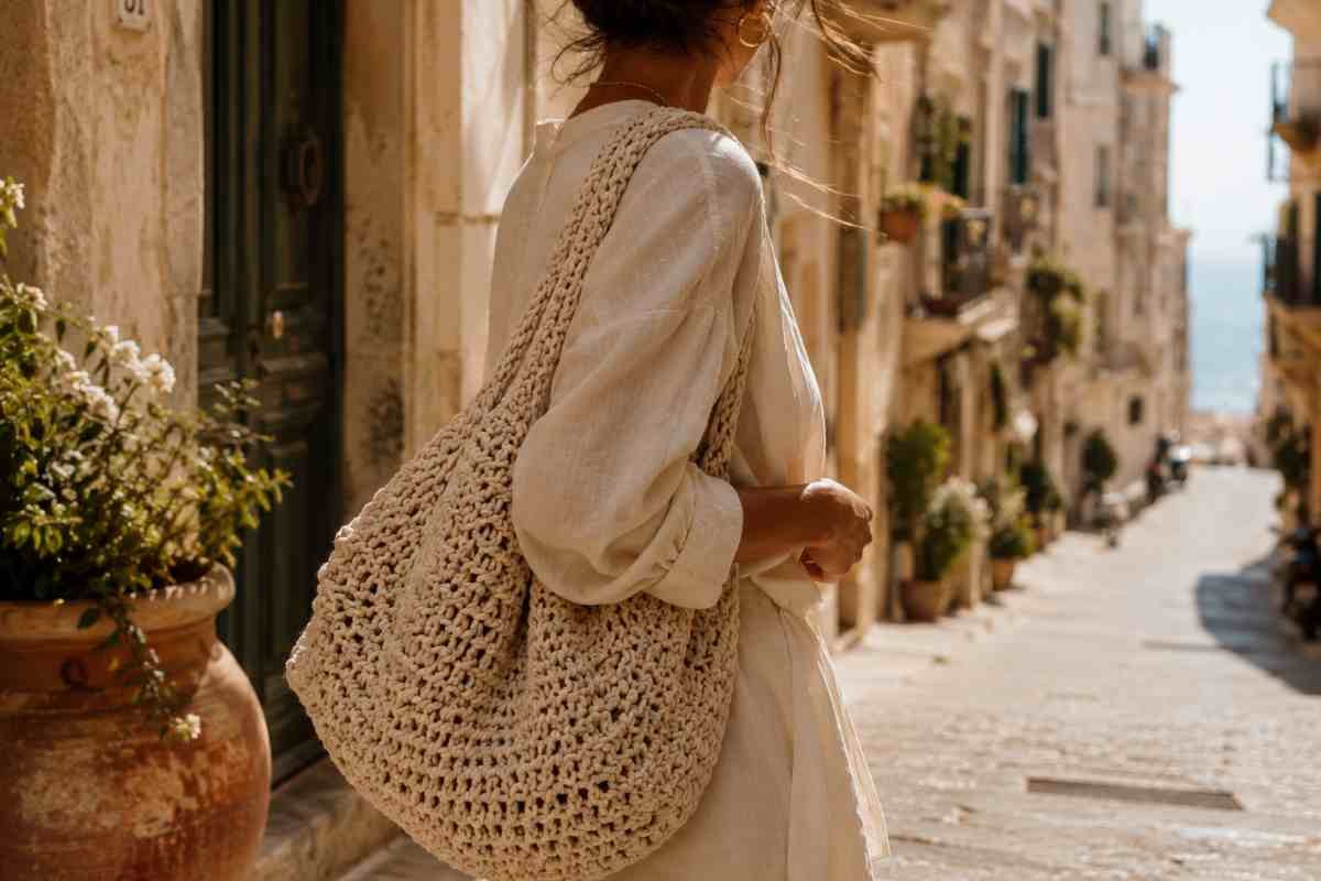 unadonna indossa una borsa crochet xxl ampia e morbida color beige