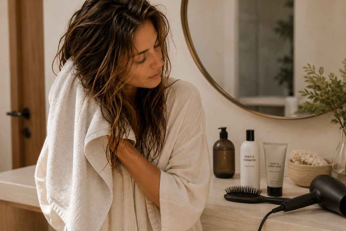 una donna asciuga i capelli dopo la doccia, sul mobile del bagno c'è uno shampoo, una spazzola e un phon