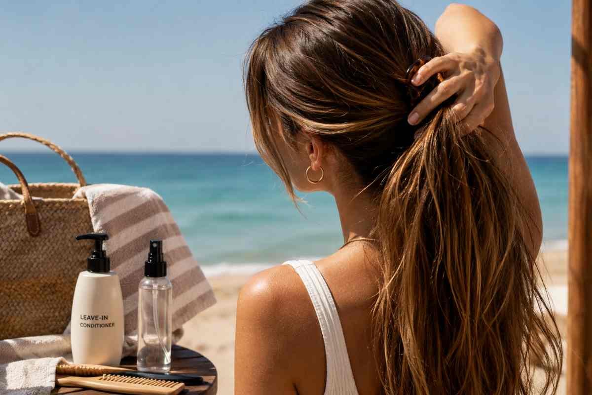 una donna lega i capelli al mare, accanto un balsamo, una borsa intrecciata estiva e un flacone con acqua