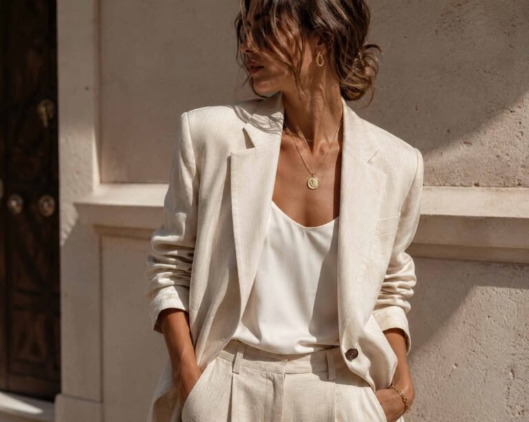 una donna indossa una blusa morbida e una giacca di lino color panna