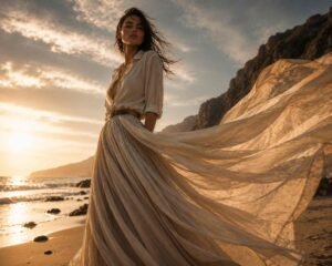 una modella in riva al mare indossa una maxi gonna lunga a strati in seta e lino