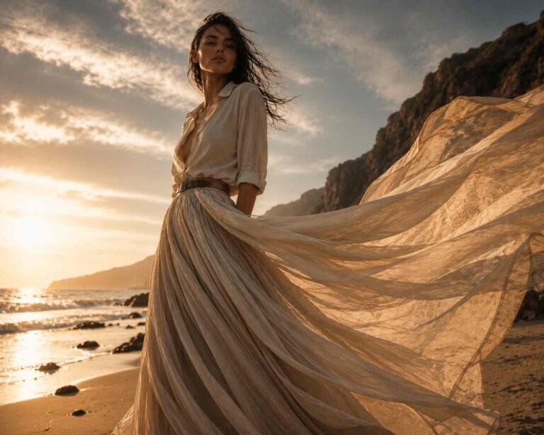 una modella in riva al mare indossa una maxi gonna lunga a strati in seta e lino