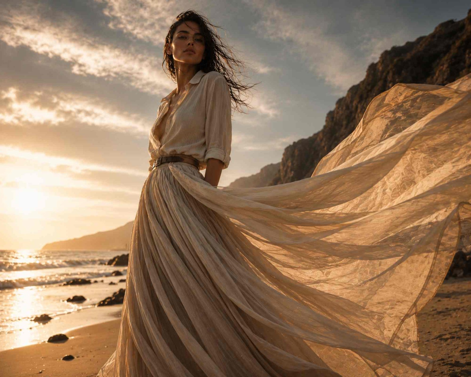 una modella in riva al mare indossa una maxi gonna lunga a strati in seta e lino