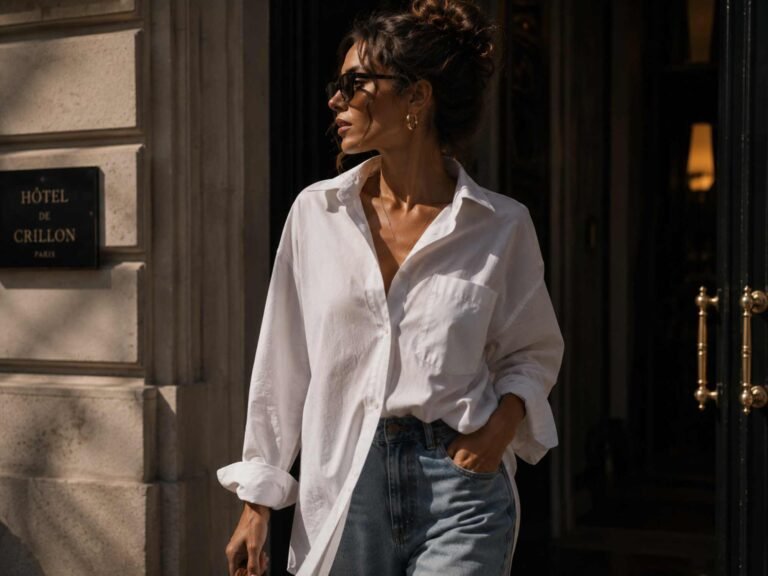 una donna indossa una camicia maschile oversize bianca e un jeans