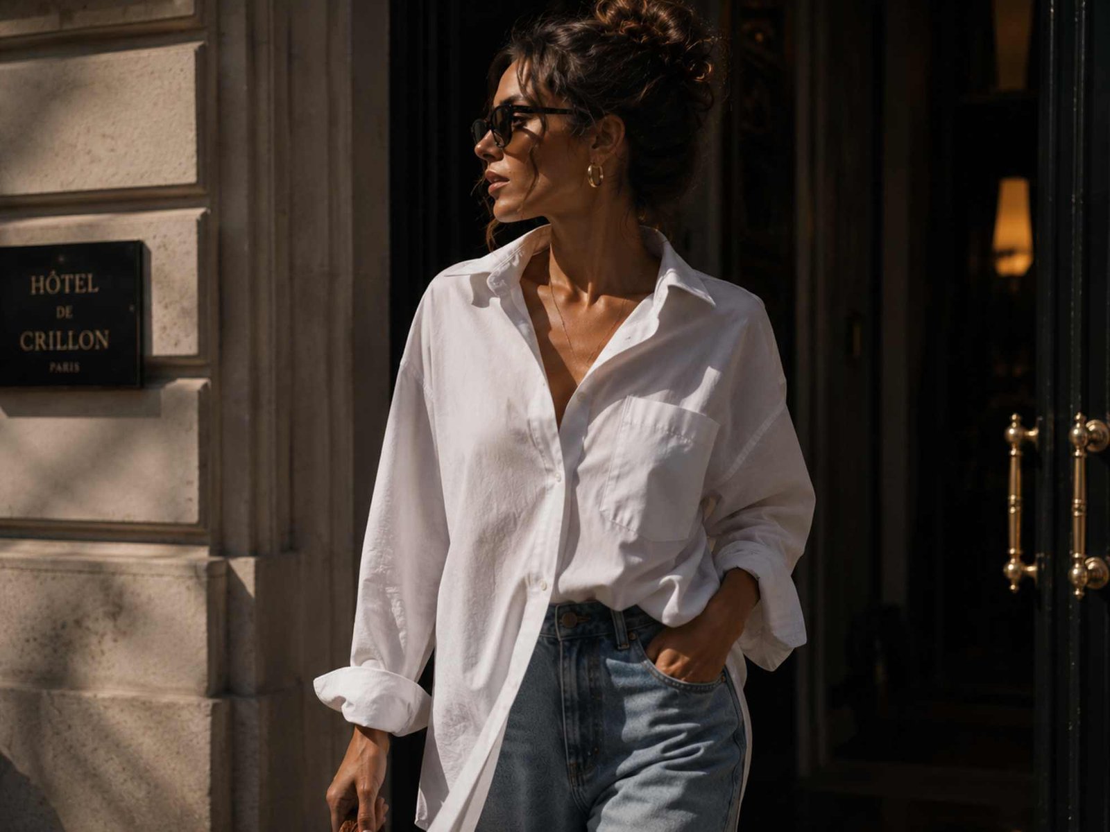 una donna indossa una camicia maschile oversize bianca e un jeans
