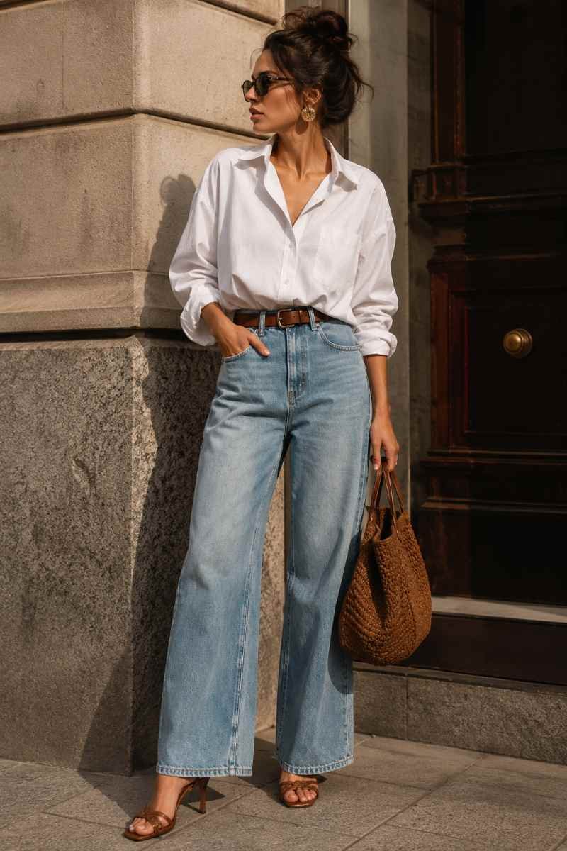 una donna indossa una camicia oversize maschile bianca all'interno di un jeans morbido semi palazzo, porta una borsa crochet e dei sandali alti in cuoio intrecciato