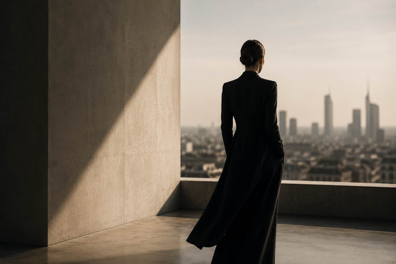 Figura femminile elegante che osserva il futuro della città, immagine simbolica del Manifesto Modafutura