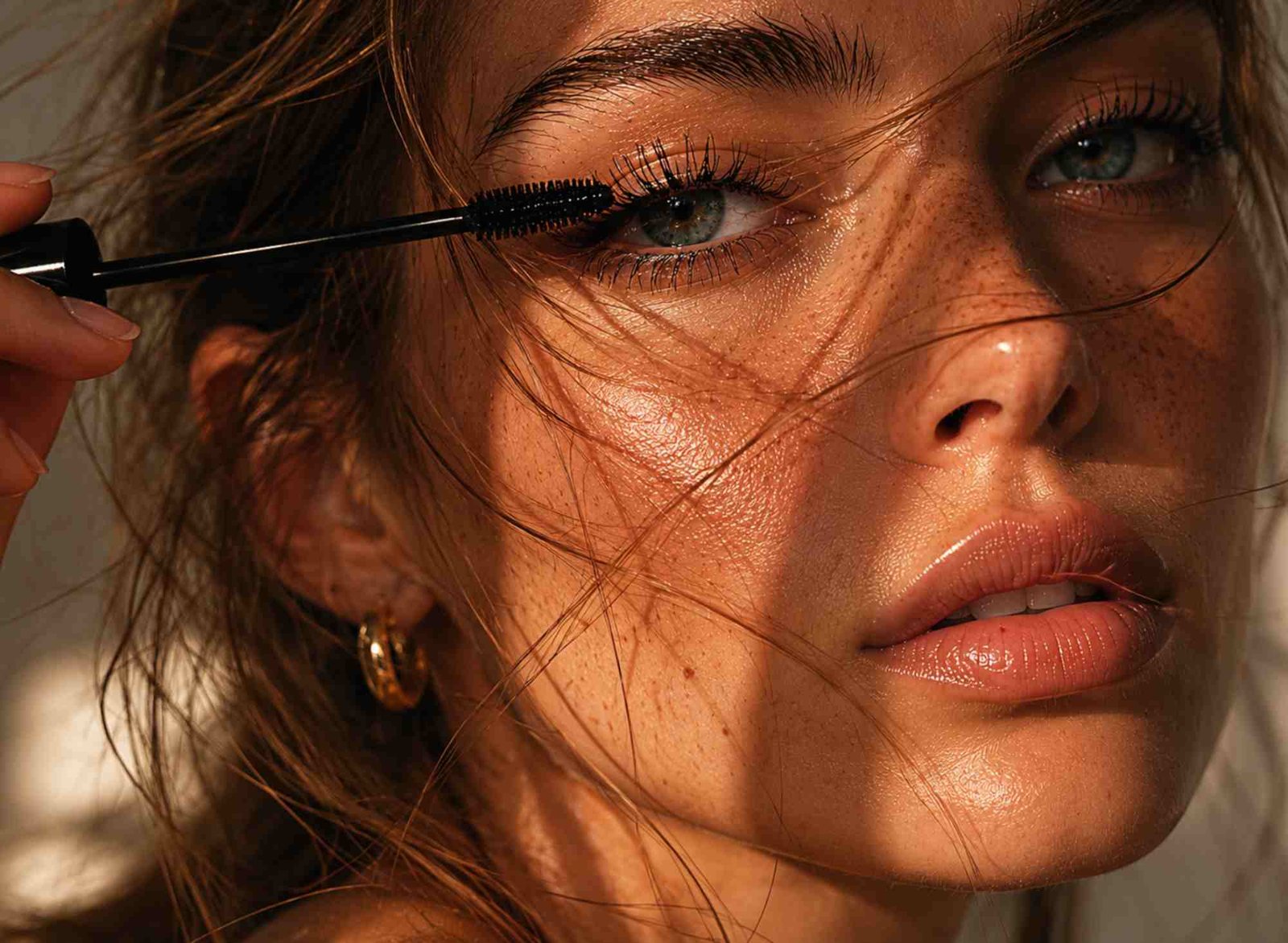 ragazza con ciglia lunghe applica un mascara nero curvante