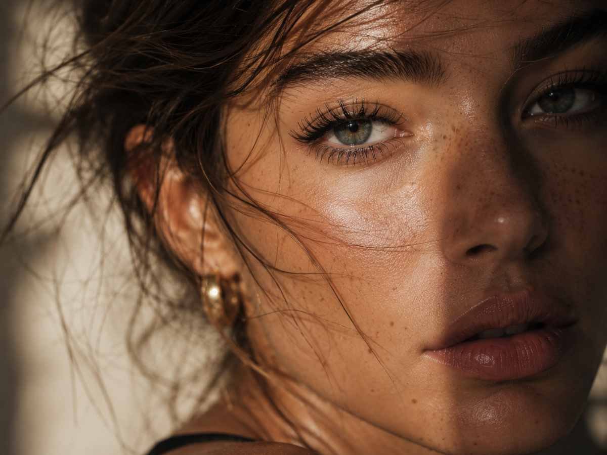 ragazza con occhi e sgurdo intenso, sopracciglia definite e ciglia perfettamente curve con un mascara nero