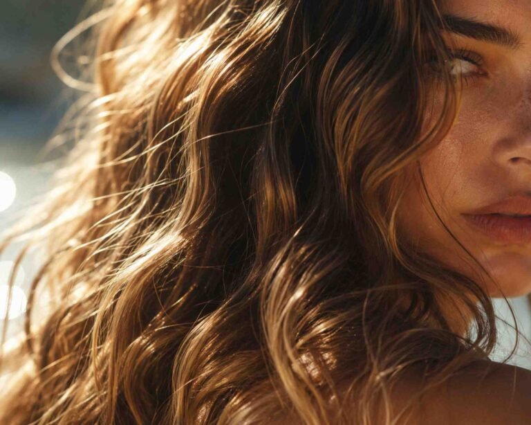 Una donna guarda l'obiettivo e mostra i suoi capelli naturali al mare in onde ampie e morbide