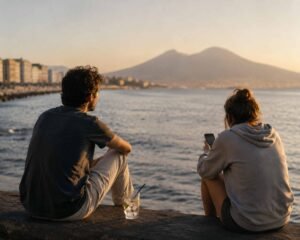 due ragazzi di generazioni diverse guardano il mare, una ha il cellulare in mano, l'altro ha un gin tonic