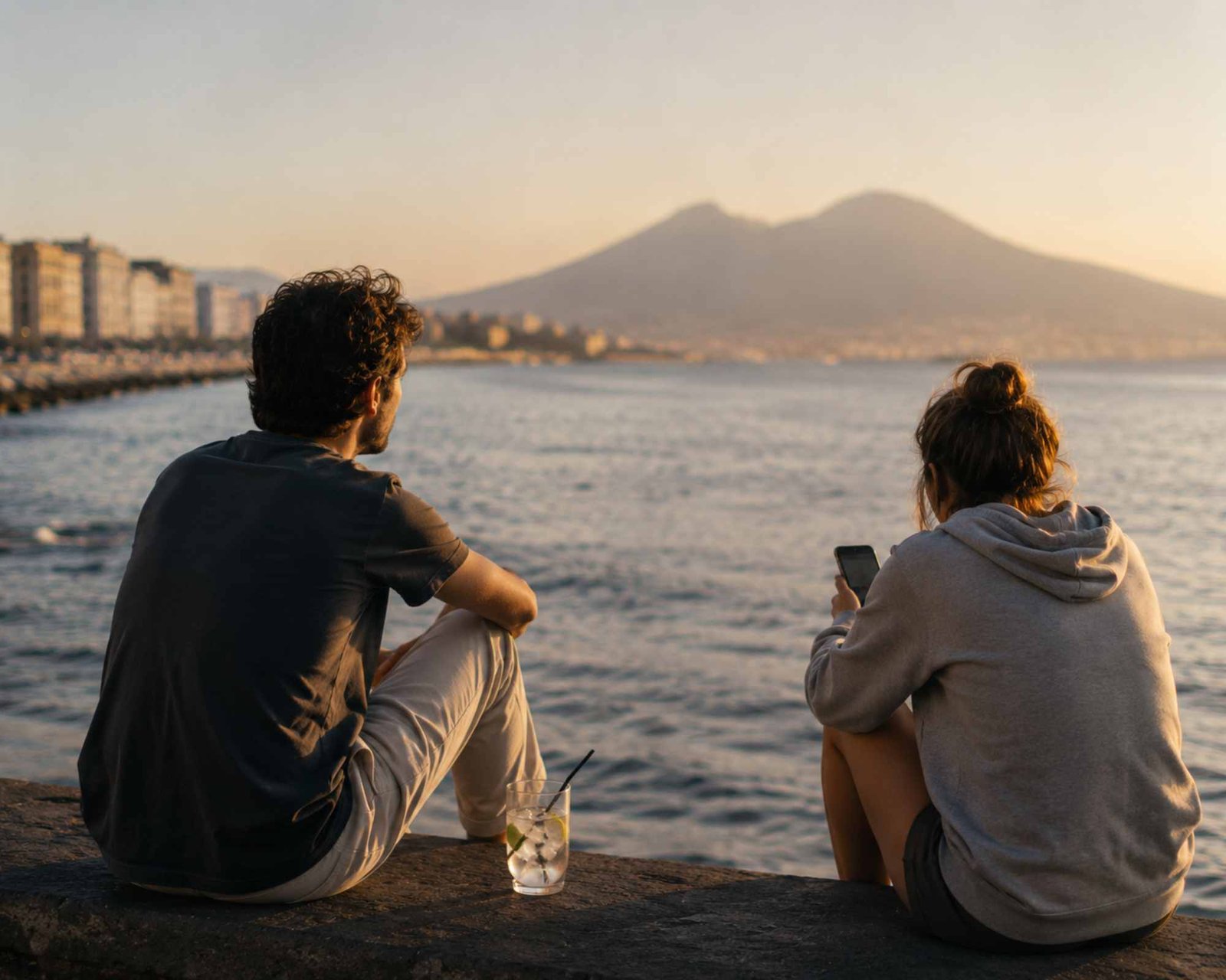 due ragazzi di generazioni diverse guardano il mare, una ha il cellulare in mano, l'altro ha un gin tonic