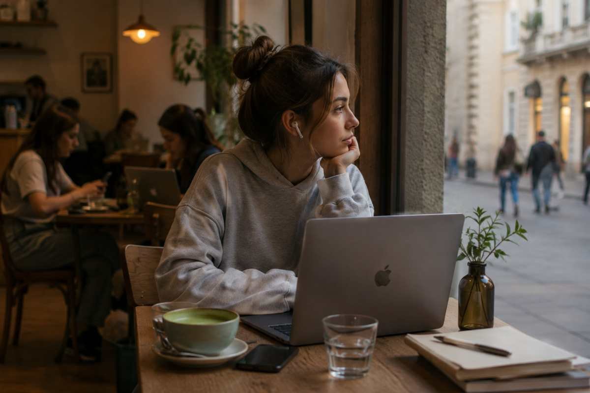 una ragazza gen z guarda fuori da un locale mentre ha un computer davanti a sé aperto