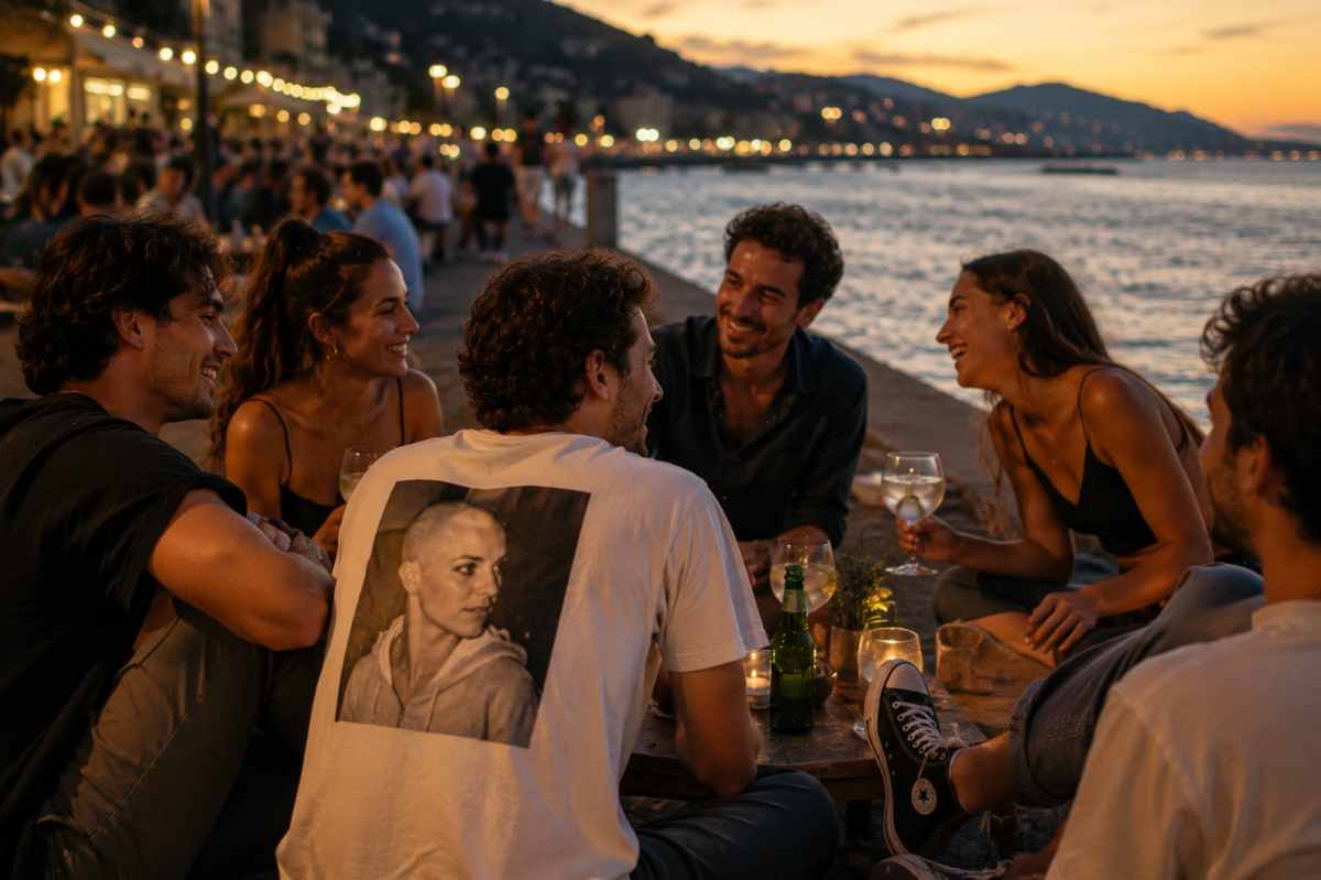un gruppo di millennials sta discutendo e ridendo, uno indossa una maglia con la stampa di britney spears rasata