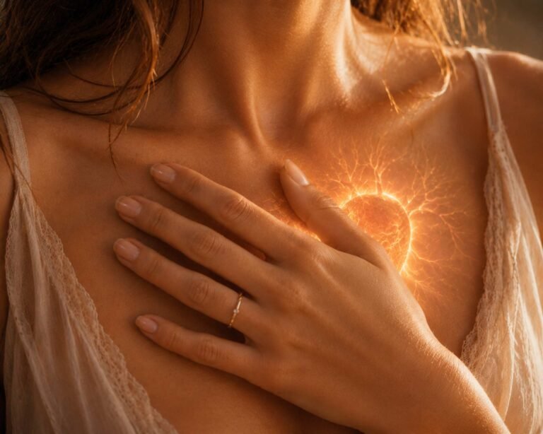 una donna poggia la sua mano sul suo cuore illuminato