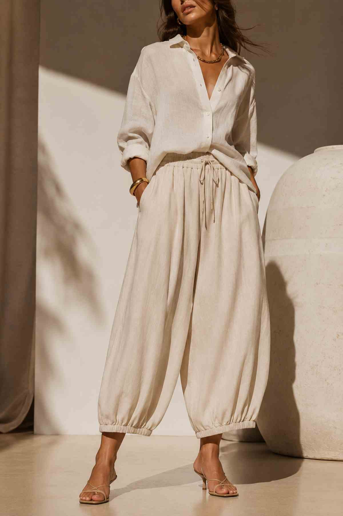 modella indossa camicia oversize e pantalone con gambe a palloncino in lino