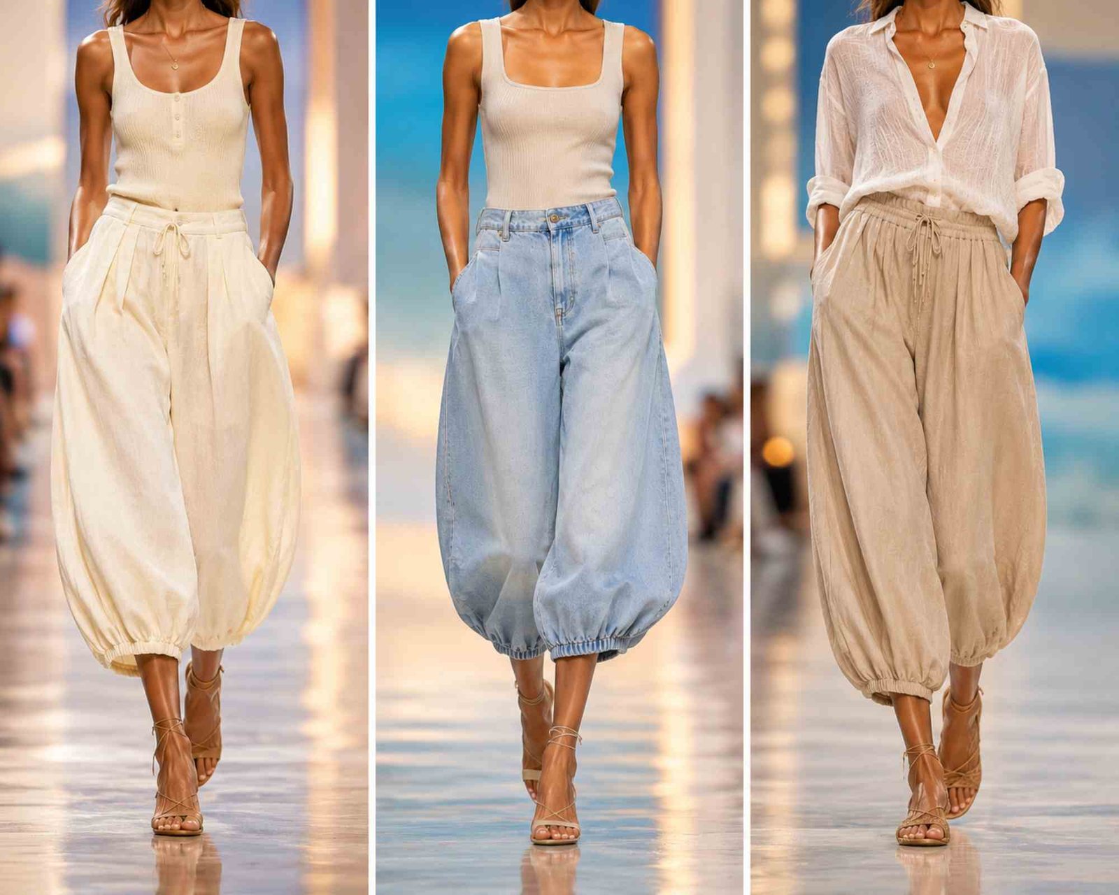 tre modelle sfilano con tre pantaloni midi a gamba larga