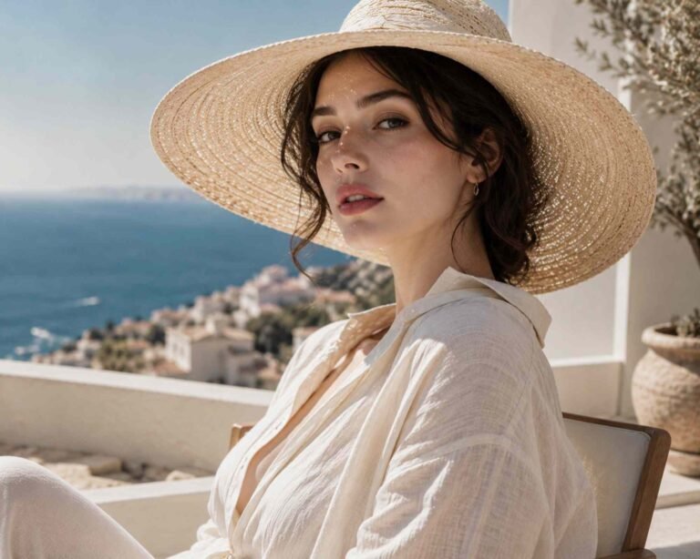 una donna indossa un cappello di paglia e ha una pelle bianca naturale