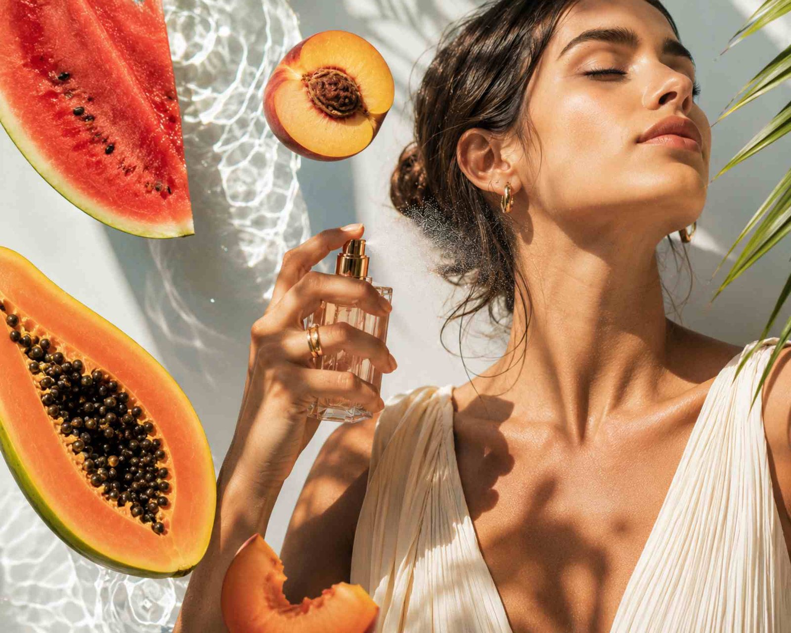 una donna spruzza un profumo sul collo e attorno ci sono fette di anguria, pesca e papaya
