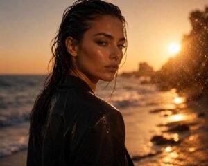 una donna bellissima in riva al mare e bagnata indossa un blazer maschile nero