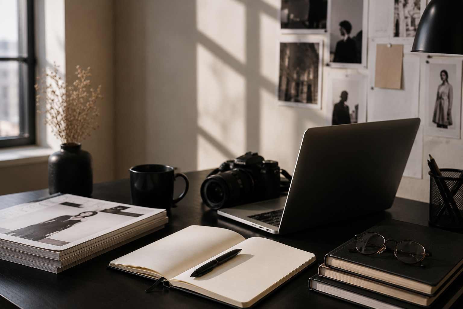 Scrivania editoriale della redazione Modafutura con laptop, fotocamera, riviste e taccuino