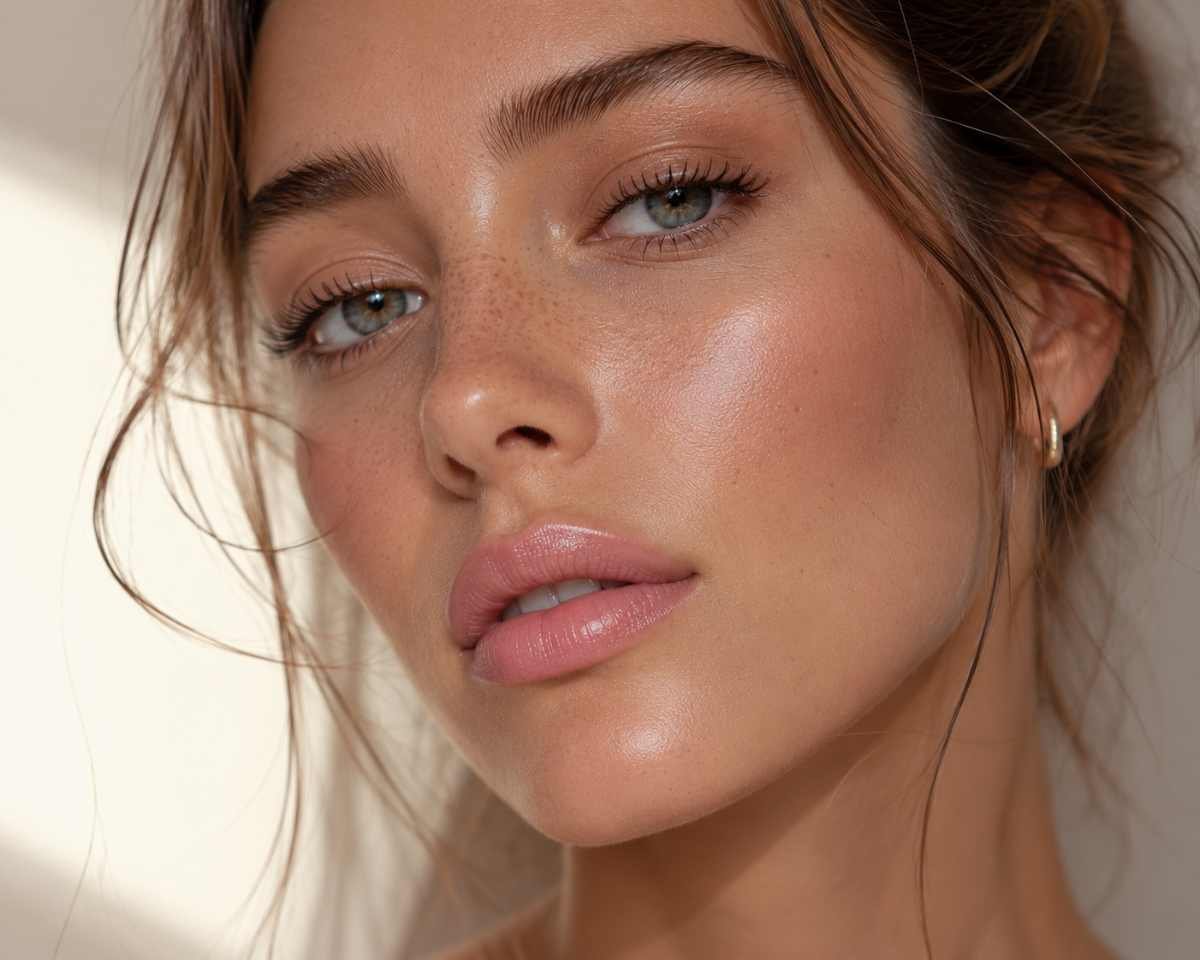 una donna con un make up leggero sui toni del bronzo e rossetto rosa