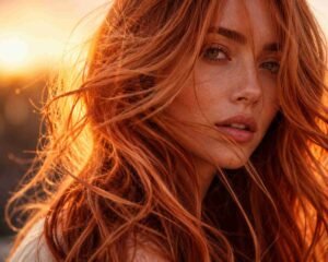 una donna con i capelli rossi e sfumature pesca, oro e biondo miele