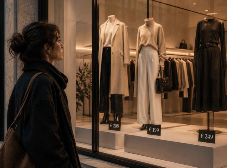 una ragazza osserva una vetrina con abiti di lusso e costosi