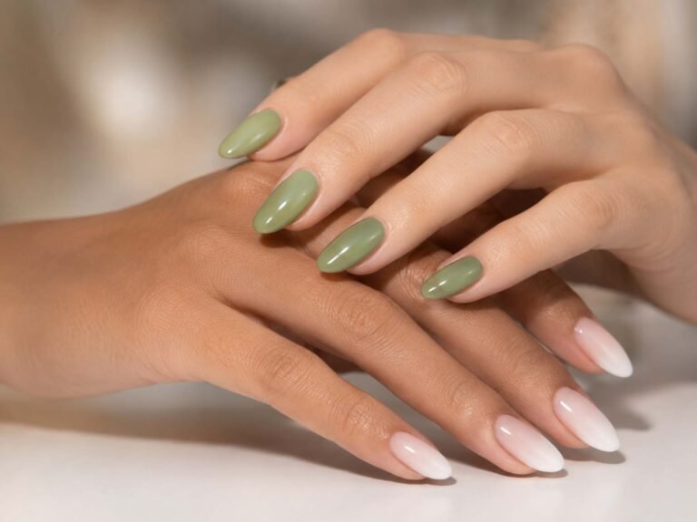 mani di due donne, una sfoggia unghie color matcha lucide e l'altra effetto baby boomer con forma a mandorla