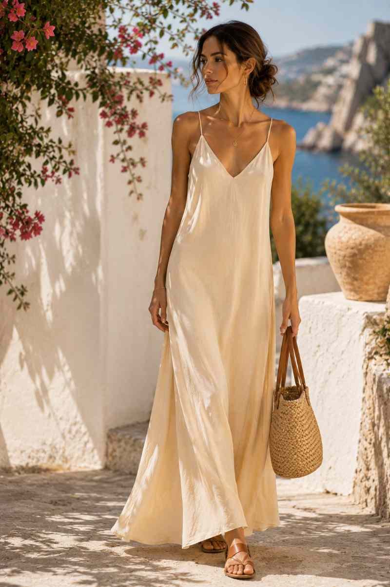 ragazza indossa uno slip dress morbido di lino con scollo a v e spalline sottili