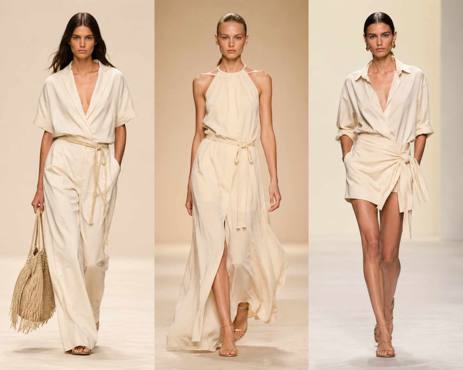 tre modelle in passerella indossano 3 look color burro, abito lungo, abito corto e jumpsuit
