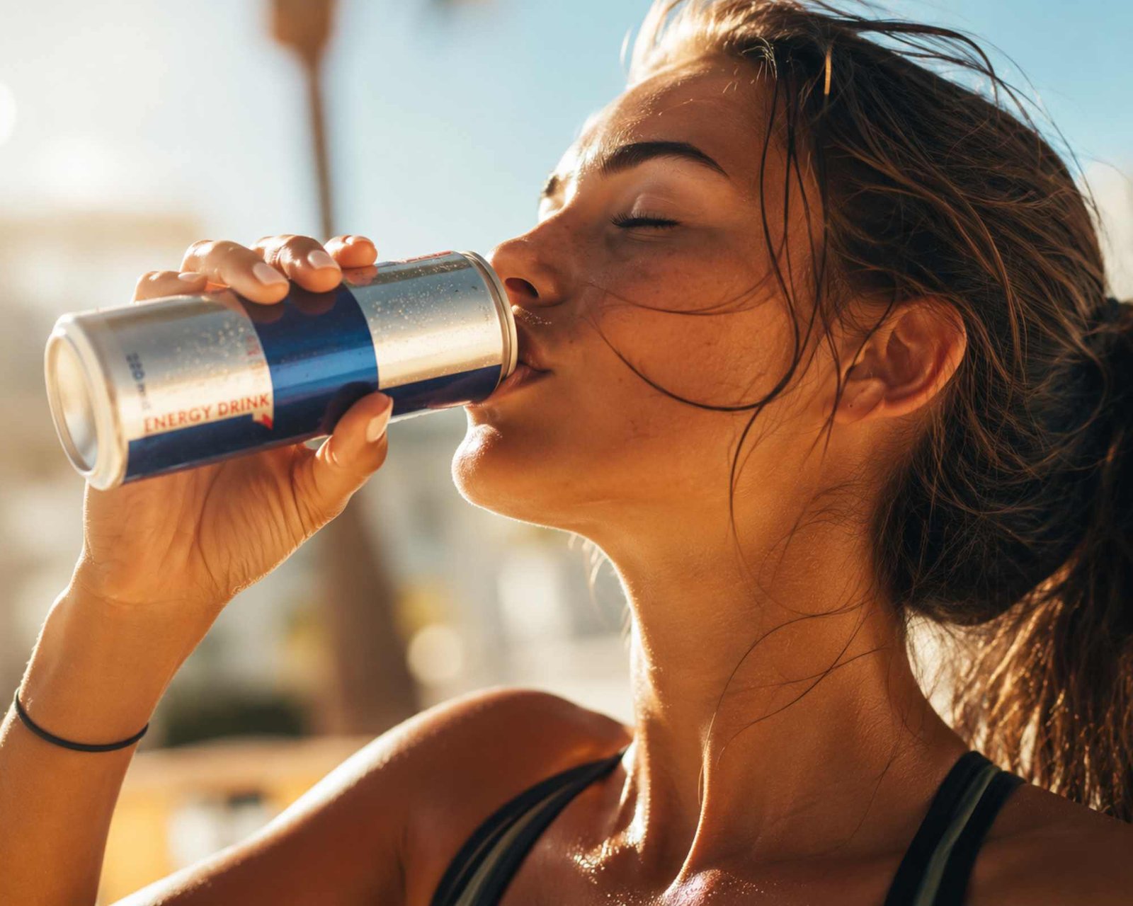 una ragazza assetata beve un energy drink