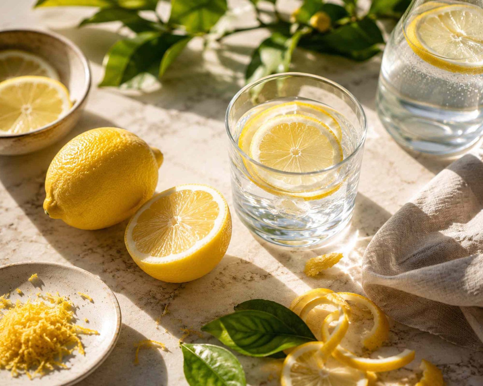 dei limoni su un tavolo con erbe aromatiche