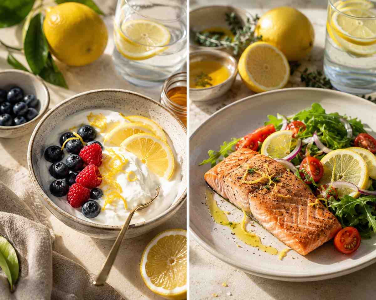 yogurt greco con limone e salmone con contorno al limone